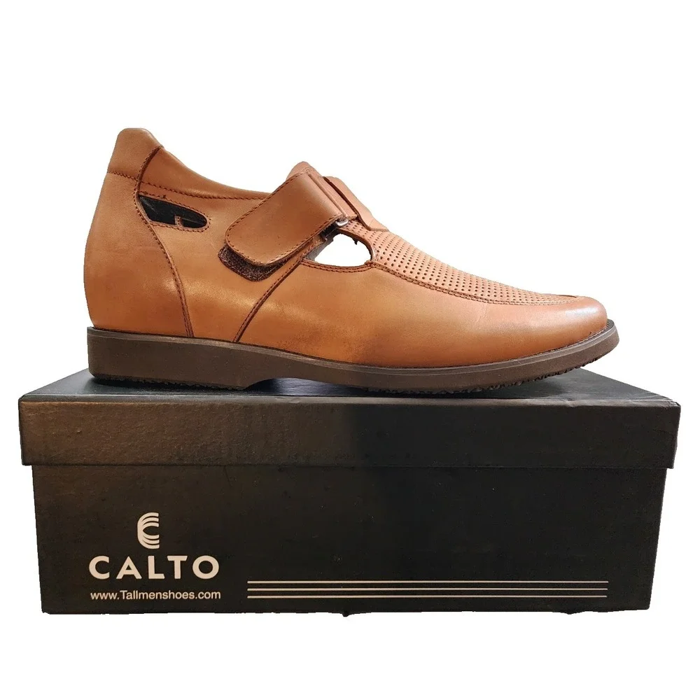 CALTO® T9087-11 (MEN'S 11 M) Brown Leather Height-Increasing Sandals 2.8